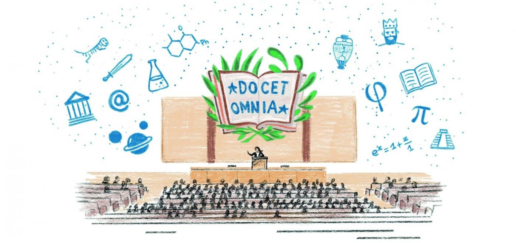 « Docet omnia » (on enseigne tout) est la devise du Collège de France. - 2024 - Illustration Claire Ardenti/BnF