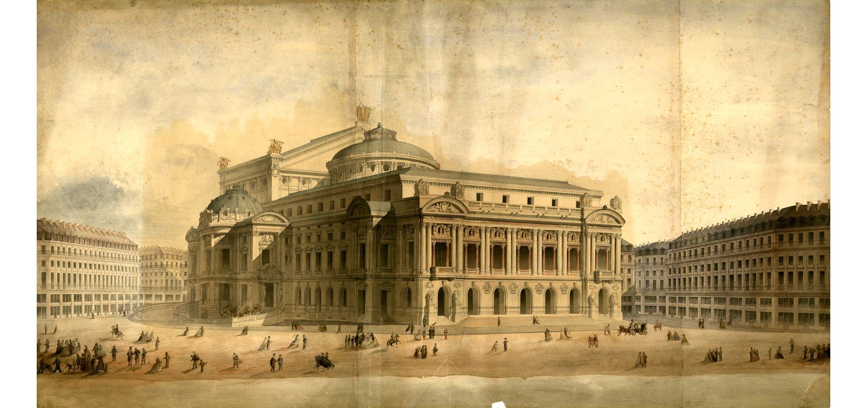 Vue de trois quart du nouvel opéra – Dessin de Charles Garnier - - Bnf, Bibliothèque-musée de l'Opéra