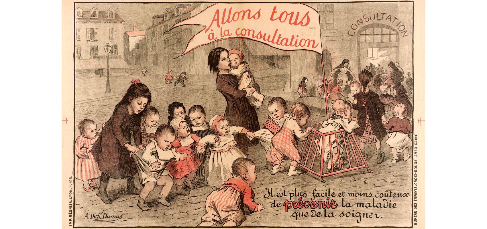 Allons tous à la consultation, dessin d'Alice Dick Dumas. Publicité de l'American national Red Cross - 1918 - Bibliothèque municipale de Rouen, Est. atl. 039