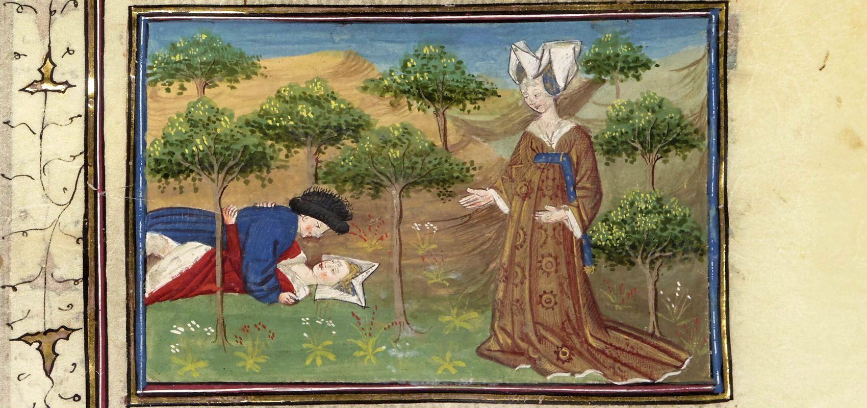 Morgane surprenant les amants - XVe siècle - BnF, département des Manuscrits, Français 111, f. 109.