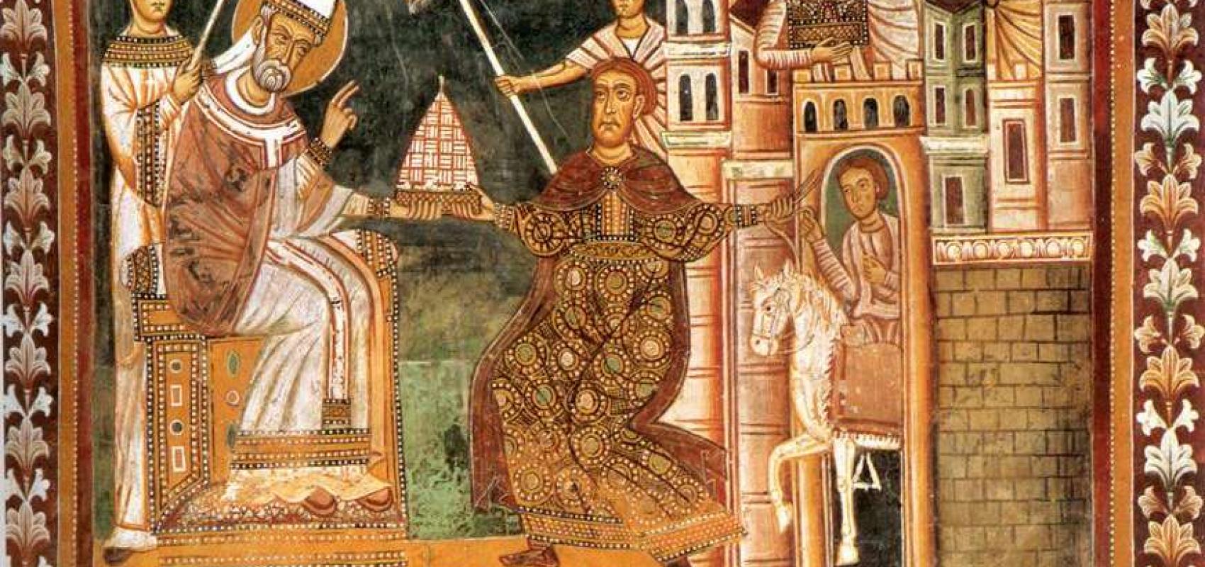 La donation de Constantin, fresque de la basilique des Quatre-Saints-Couronnés, Rome (wikimedia commons) - 1247 - Anonyme