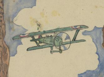Max Tetelbaum,  « Avion », planche d’un Cahier de 13 dessins, dessin au crayons de couleur, aquarelle, encre noire.  BnF, département des Estampes et de la photographie 