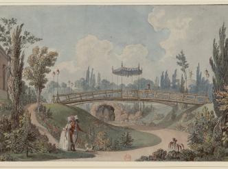 François-Joseph Bélanger, Intérieur du jardin Beaumarchais, 1788, Aquarelle, plume et encre de Chine. BnF, dép. Estampes et photographie