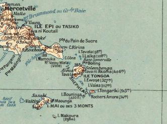 Détail de la carte de l'archipel des Nouvelles-Hébrides (Vanuatu) – Îles Epi ou Tasiko, Tongoa et Mai ou des 3 Monts