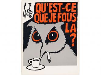 Gébé, « Qu’est-ce que je fous-là ? » – Dessin de couverture de l’album éponyme édité en 1976 aux Éditions du Square dans la « série bête et méchante », réédité chez Dargaud en 1983