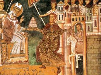 La donation de Constantin, fresque de la basilique des Quatre-Saints-Couronnés, Rome (wikimedia commons)