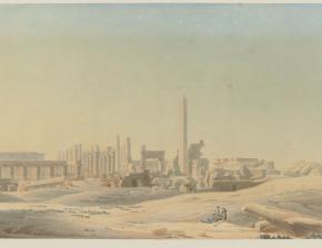 Karnak : vue des ruines de la salle hypostyle et des appartements de granit du palais. François-Charles Cécile et Charles-Louis Balzac. 1798-1812. Dessin. 