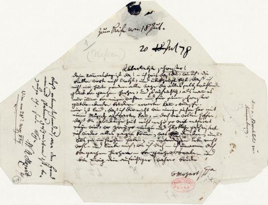 Lettre autographe de Mozart à sa sœur, 20 juillet 1778, sur l’enveloppe d’une lettre à son père.