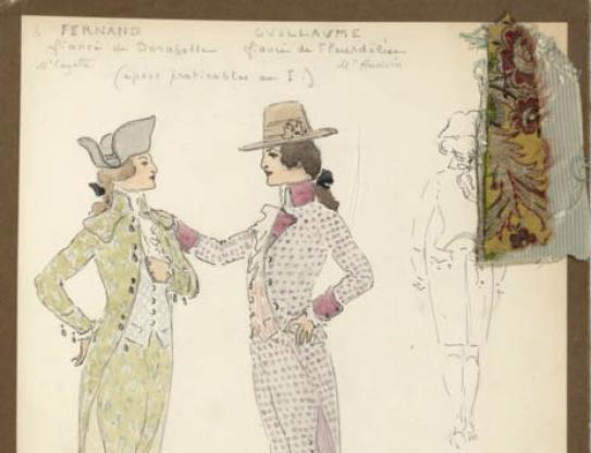 Maquette de costume de Marcel Mültzer pour Fernand et Guillaume dans Cosi fan tutte à l’Opéra-Comique.