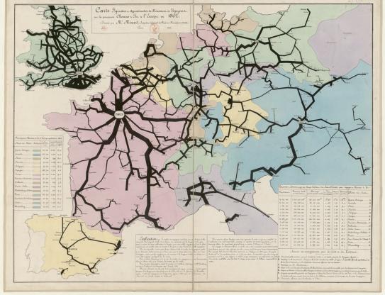 Carte figurative et approximative du mouvement des voyageurs sur les principaux chemins de fer de l'Europe en 1862, 1865