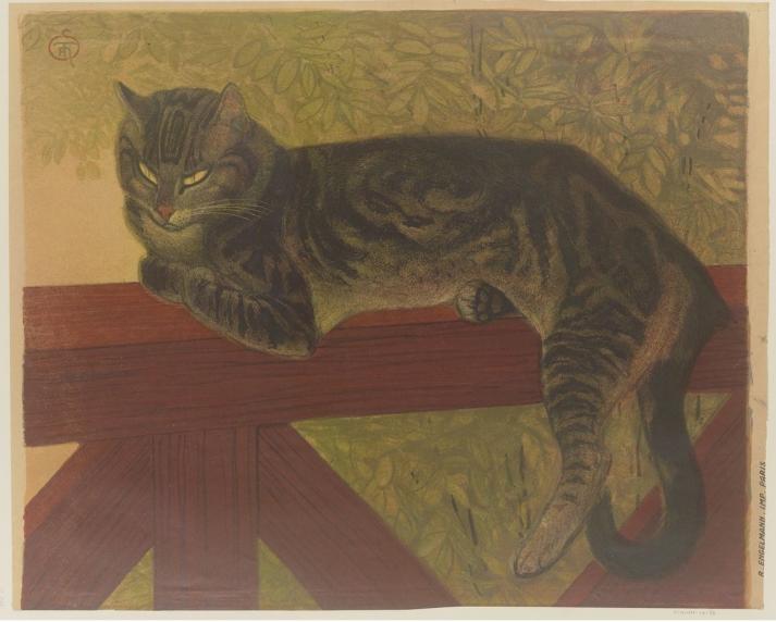 Steinlen, Théophile Alexandre. L'été, chat sur une balustrade : estampe. Ed. Sagot, Paris, 1909