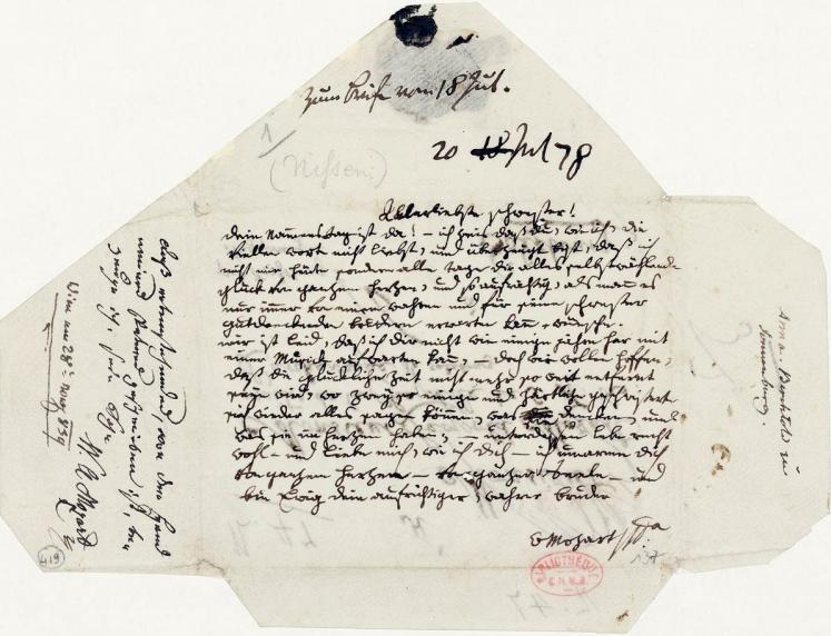 Lettre autographe de Mozart à sa sœur, 20 juillet 1778, sur l’enveloppe d’une lettre à son père