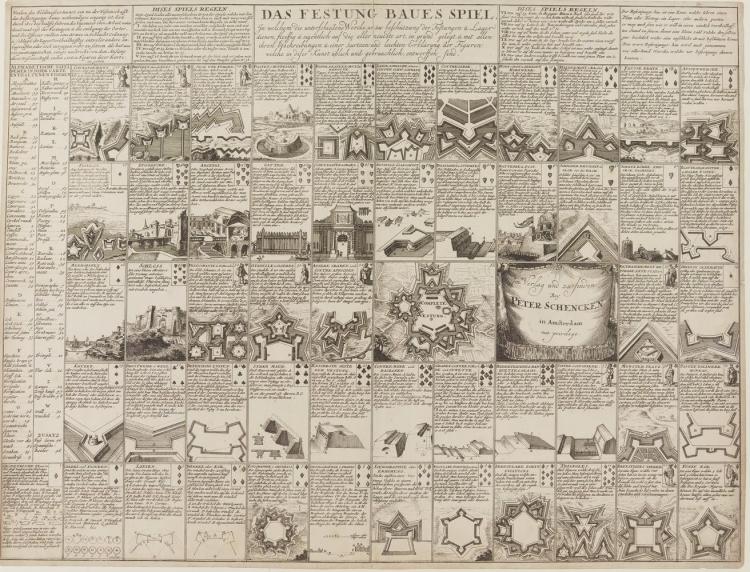 Jeu des fortifications.  Ca 1700.Chaque case, ou carte, associe une illustration à un terme précis, accompagné de sa définition, correspondant à une action de la guerre de siège.