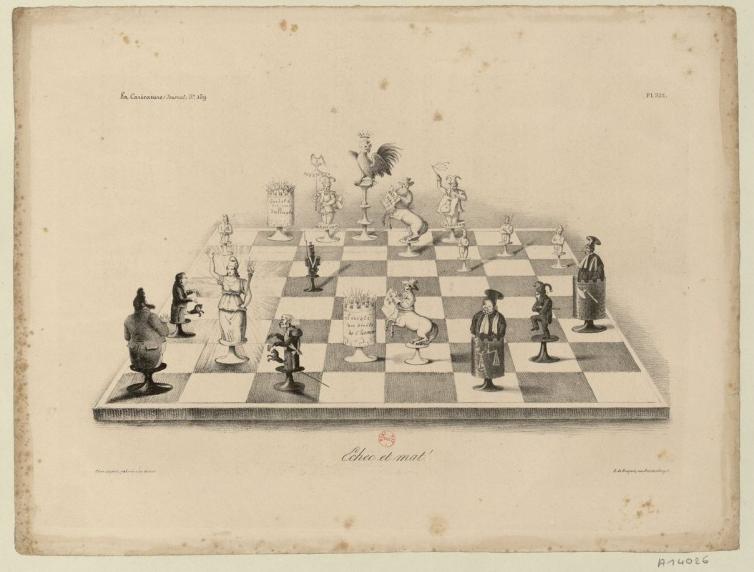Echec et mat ! Estampe. De.Koenig. Paris, 1833. Partie d’échecs illustrant la défense de la Liberté sous la Monarchie de Juillet, où les journaux le "Charivari et la "Caricature" tiennent les rôles des fous.
