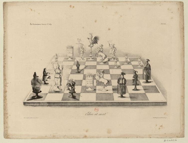 Echec et mat ! Estampe. De.Koenig. Paris, 1833. Partie d’échecs illustrant la défense de la Liberté sous la Monarchie de Juillet, où les journaux le "Charivari et la "Caricature" tiennent les  rôles des fous.