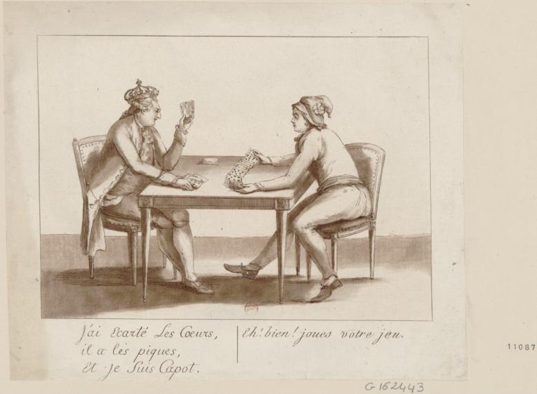 J'ai écarté les cœurs, il a les piques, et je suis capot : eh ! bien ! joues notre jeu. Estampe. 1791.