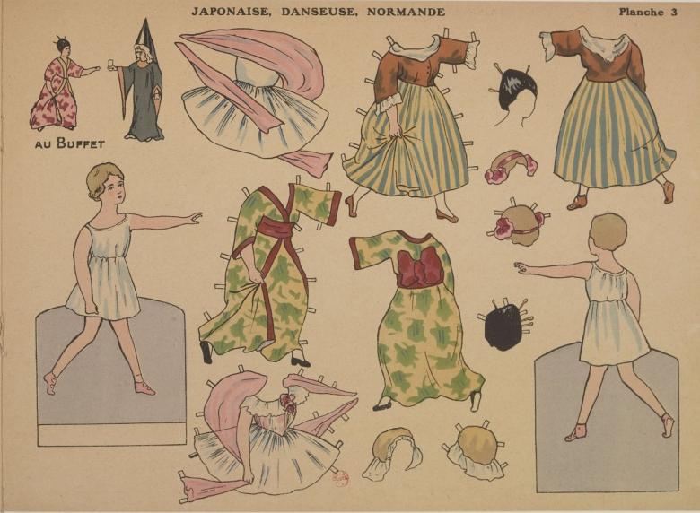 Panneau  J'habille, je découpe, je colore chez mon ami Pierrot, Henriette Delalain, 1920.