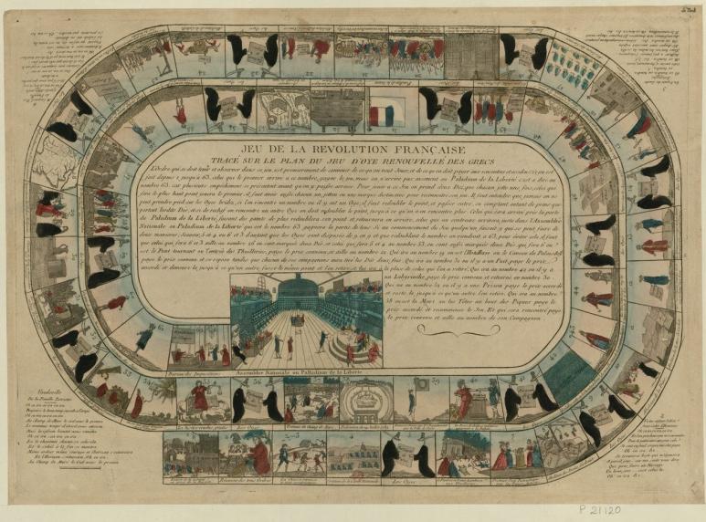 Jeu de la Révolution française : tracé sur le plan du d'oye renouvellé des Grecs. Paris, 1790 ou 1791. 
