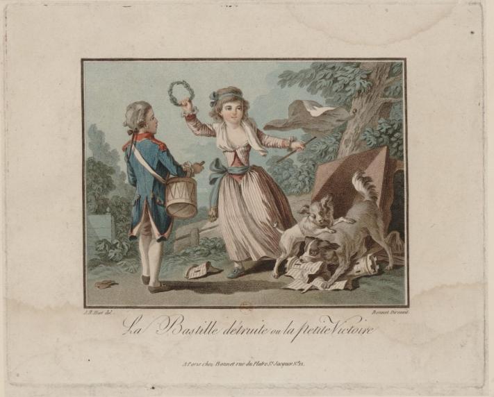 La Bastille détruite ou la Petite Victoire. Estampe. J. B. Huet del. ; Bonnet Direxit. 1789.