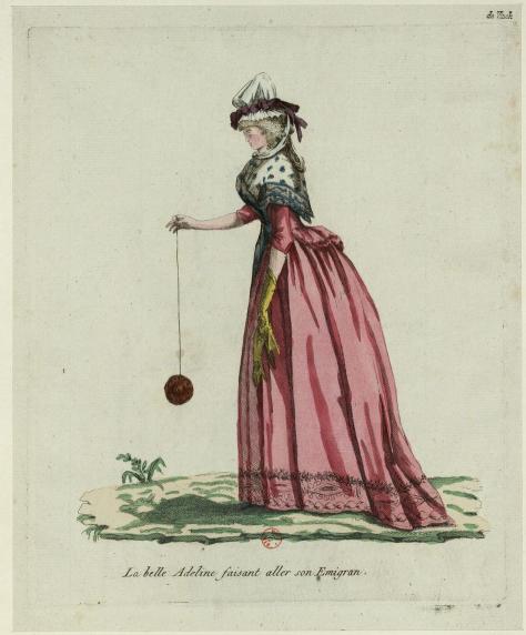 La belle Adeline faisant aller son Emigran, 1792. Jeu de yo-yo aussi nommé « émigrette » en référence aux émigrés de la Révolution française