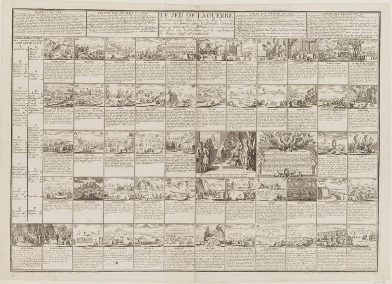 Jeu de la guerre, 1698. Seconde version du jeu, destinée à l’éducation du duc de Bourgogne, petit-fils de Louis XIV. La leçon, certes simplifiée, reprend le contenu de traités contemporains.