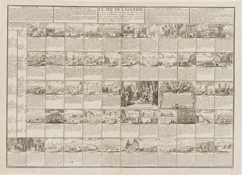 Jeu de la guerre, 1698.  Seconde version du jeu, destinée à l’éducation  du duc de Bourgogne, petit-fils de Louis XIV. La leçon, certes simplifiée, reprend le contenu de traités contemporains.