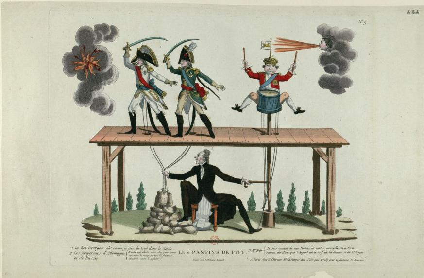 Les Pantins de Pitt. Estampe. 1805. Allusion à la stratégie de la coalition en 1805. la Grande Armée, qui devait faire irruption en Angleterre, est détournée contre les puissances continentales, l'Autriche et la Russie.