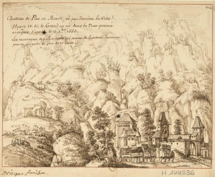 Chasteau de Pau, en Bearn, vu par derriere la ville. Henri IV, dit le Grand, est né dans la tour quarrée marquée d'une * le 13 décembre 1553 [...] F. Nicque. Dessin : plume et encre brune. XVIIe siècle.