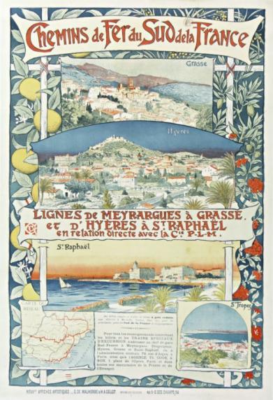 Chemins de fer du Sud de la France... Lignes de Meyrargues à Grasse..Non signée, attribuée à Eugène Grasset, 1891.