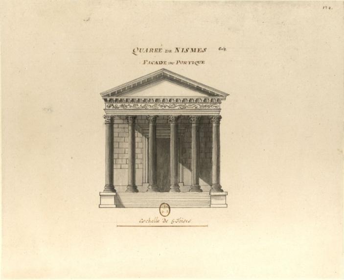 Quarré de Nismes, façade du portique. Dessin à l'encre de Chine et lavis. XVIIe siècle.