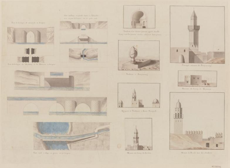Moyenne-Égypte: plan et profils de canaux ; minarets et tombeau. Edme-François Jomard. 1798-1809. Dessin.