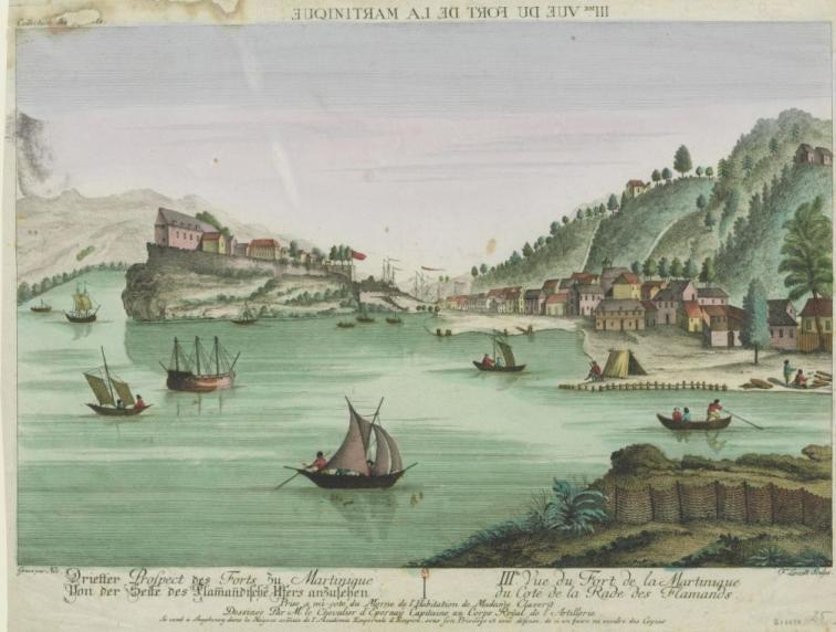 Vue du Fort de la Martinique du coté de la Rade des Flamands : prise à mi-cote du Morne de l'Habitation de Madame Claverit [...] François Denis Née. Estampe. XVIIIe siècle.