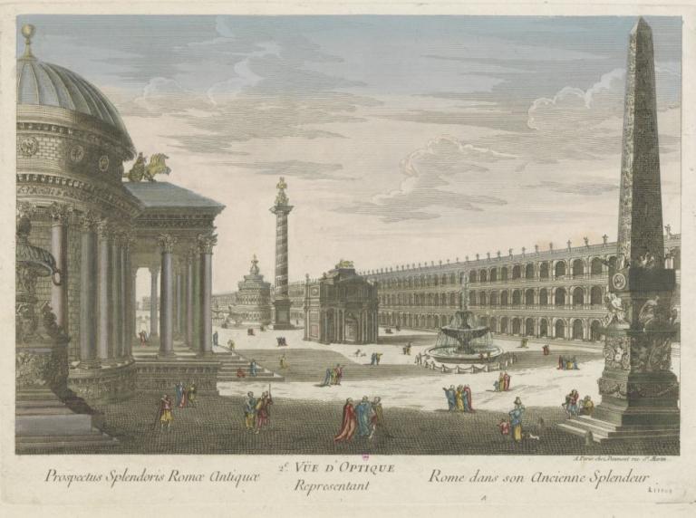 Panneau  2e. Vue d'optique représentant Rome dans son Ancienne Splendeur / Prospectus Splendoris Romae Antiquae.1760. Estampe