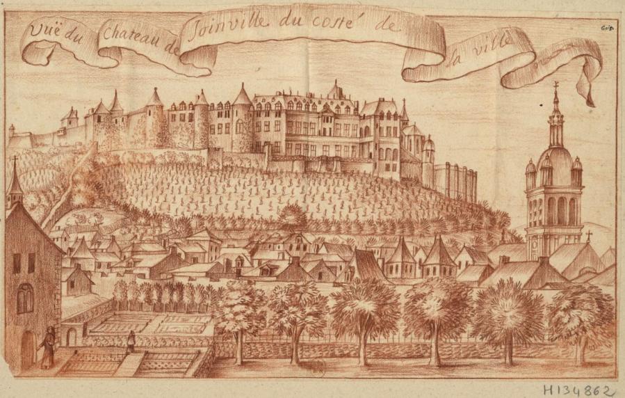 Vuë du chateau de Joinville du costé de la ville. Dessin : sanguine. XVIIe siècle.