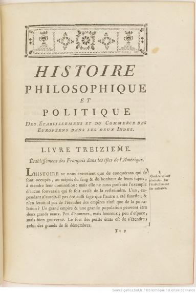 Histoire philosophique et politique, 1780 - Guillaume-Thomas Raynal