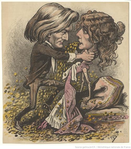 Caricature de Sarah Bernhardt et Victorien Sardou