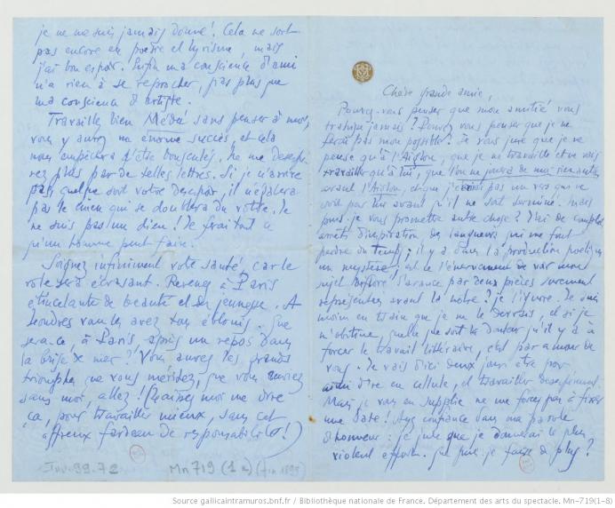 Lettre d'Edmond Rostand à Sarah Bernhardt